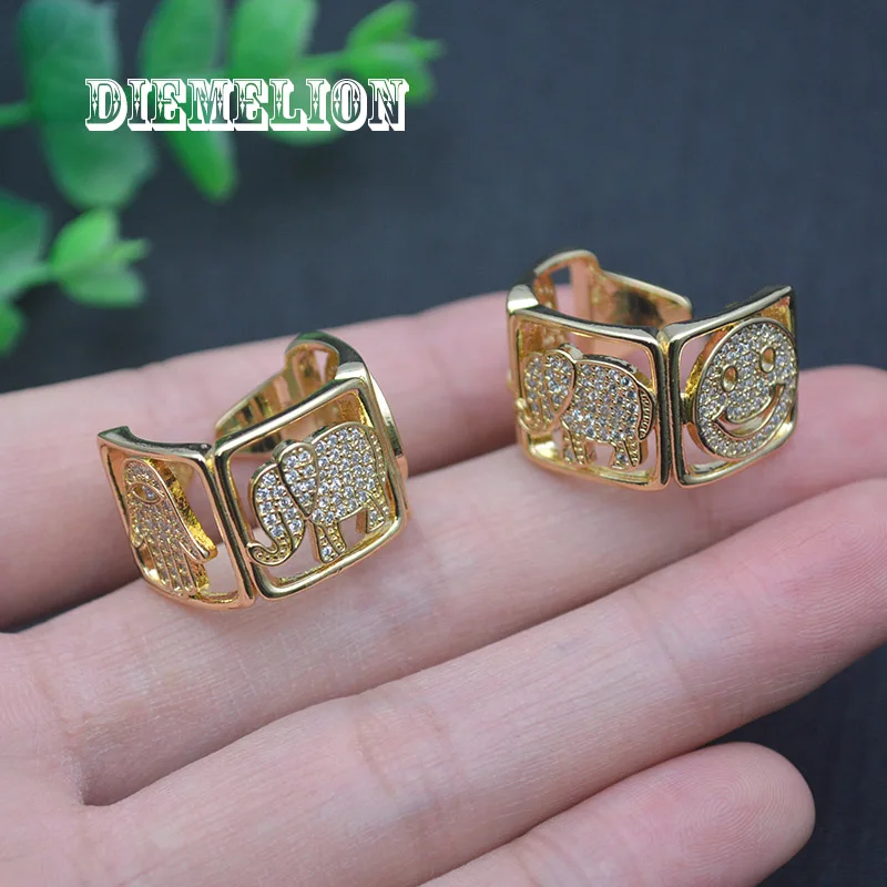 

Luxury Gold Color Palm Smiling Face Elephant Rings for Man Women Inlaid Zircon Adjustable Ring Hip Hop Finger Jewelry