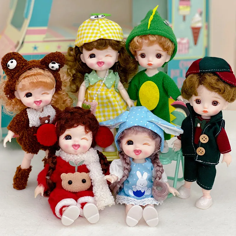 

8 Points 16cm Bjd Small Doll Cute Smiley Face Dress Up Doll Set 13 Joint Movable 3D Eyes 1/12 Girl Birthday Gift Decoration Toys