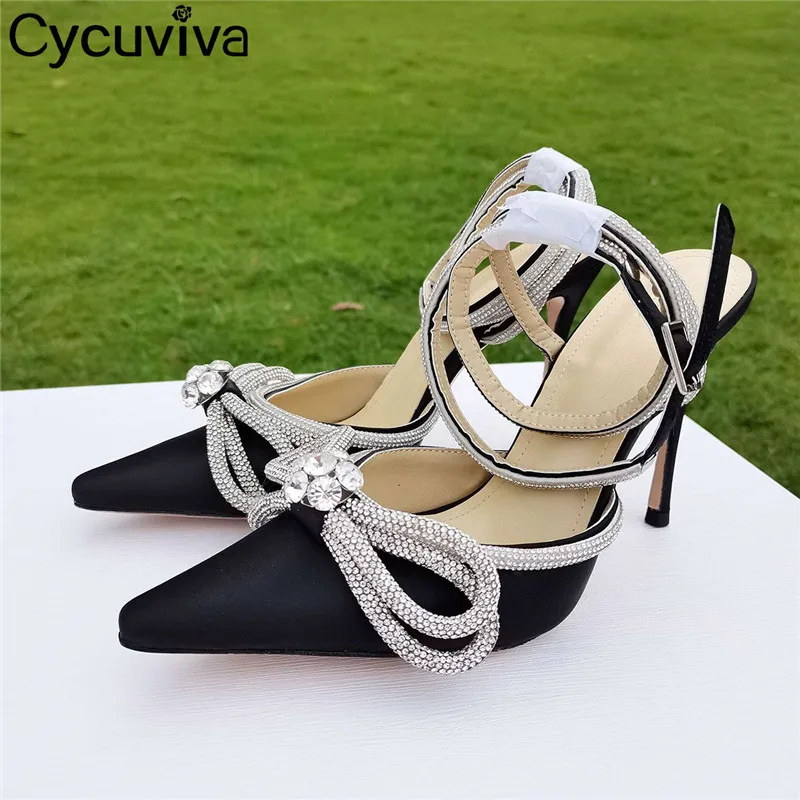 

2022 Sexy Black Silk Crystal High Heels Shoes Woman Rhinestone Bow Knot Women Mujer Pointy Toe Dress Party Bride Shoes For Women