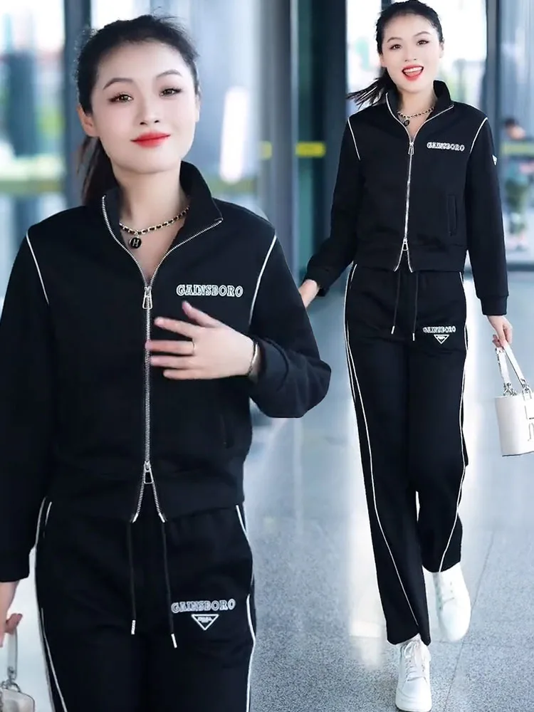 High Cotton Casual Fashion Set Women 2024 Spring and Autumn New Western Sle Versatile Stand Collar Hoodie Sweatpants Two-pi...