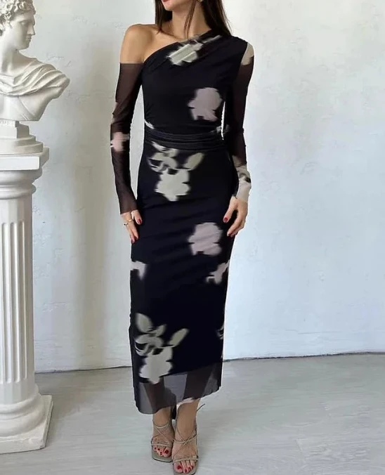 

Женское платье с открытыми плечами, облегающее длинное платье с принтом и длинным рукавом, осень 2023