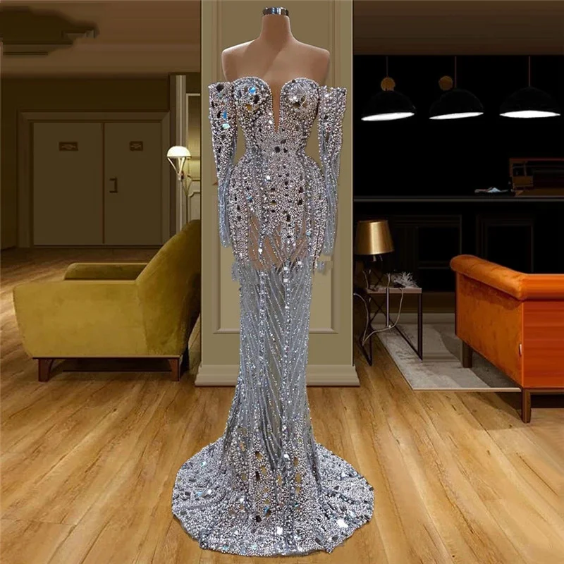 

Sexy Off Shoulder Beading Mermaid Trumpet Woman Formal Wedding Guest Evening Prom Dresses Cocktail Long Sleeves Sweep Train