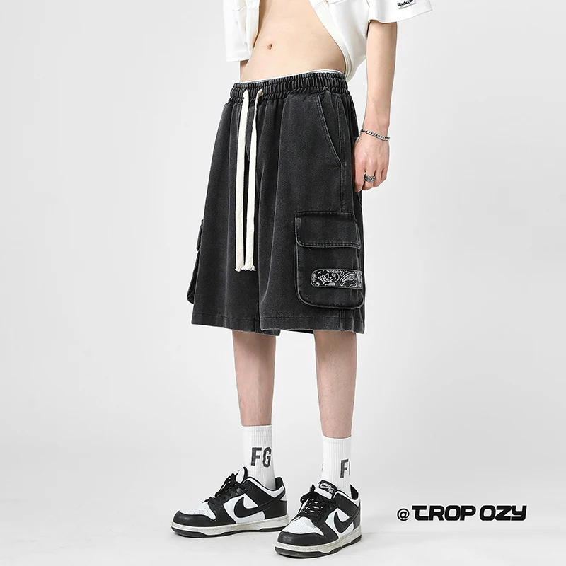 

Summer Cargo Jean Shorts Men Cashew flower print 2022 Drawstring Straight Bermuda Male Plus Size Casual Knee Length Denim Shorts