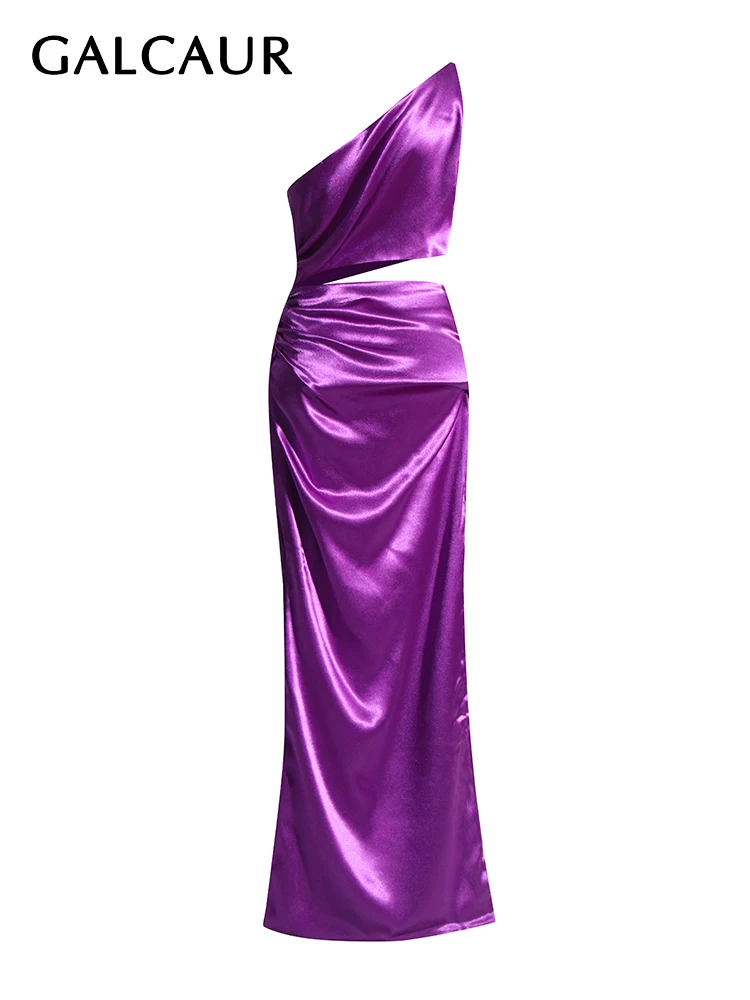 

GALCAUR Solid Irregular Dresses For Women Diagonal Collar Sleeveless High Waist Off Shoulder Summer Sexy Slimming Dress Female