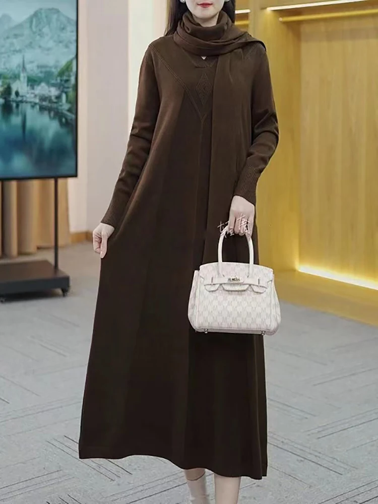 Женские фиолетовые вязаные шерстяные толстые теплые свитеры с шарфом осенние