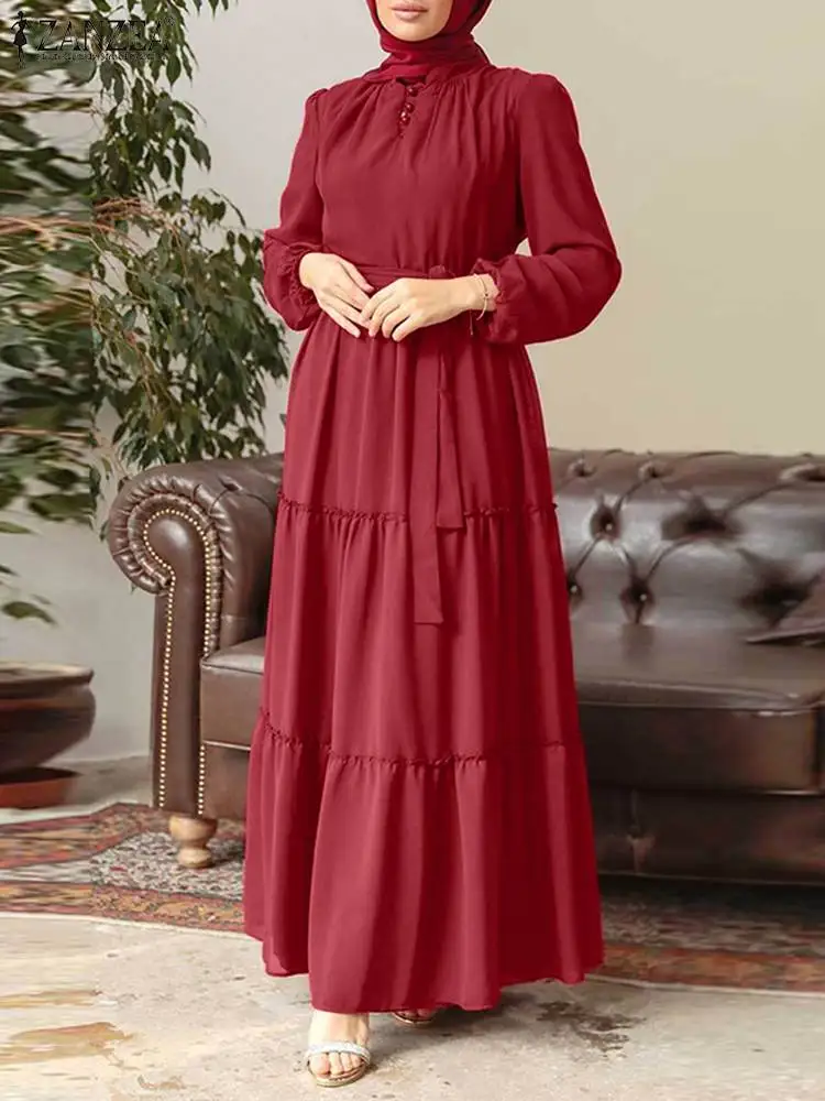 

2023 ZANZEA Vintage Party Muslim Dress Women Autumn Ruffles Hem Solid Color O-Neck Maxi Robe Fashion Elegant Sundress Eid Kaftan