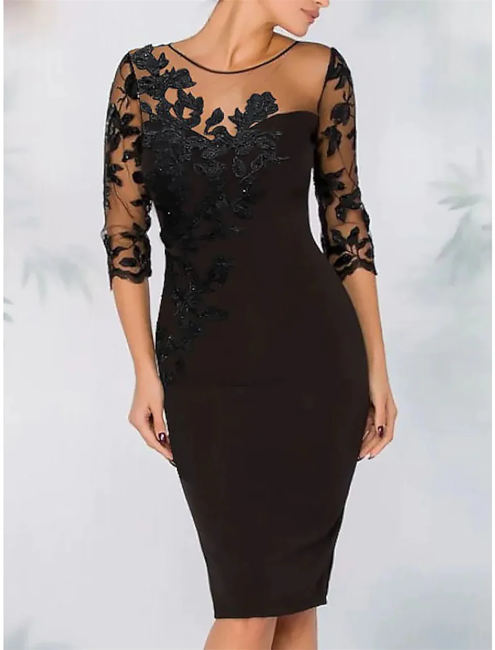 

Elegant Wedding Guest Party Cocktail Dress Illusion Neck Zipper 3/4 Length Sleeve Above Knee Polyester with Sequin Appliques