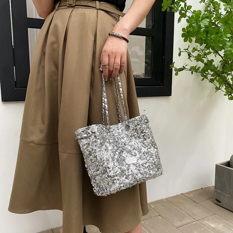 Niche Women's 2023 New Online Celebrity Lady Sequined One-Shoulder Trendy Shiny Trendy Bucket Bag
