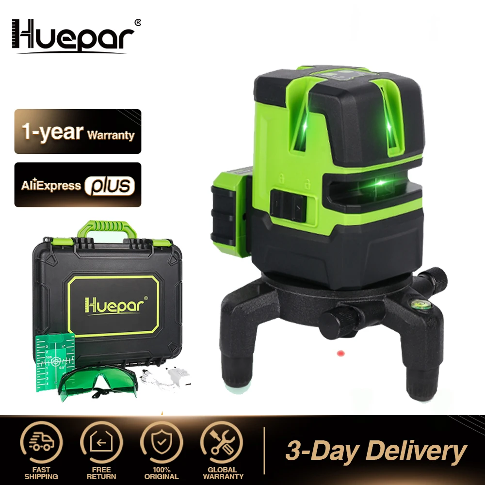 Multi-linha do Nível do Laser de Huepar-quatro Linhas Transversais Verticais & Horizontais Uma Ferramenta do Auto-nivelamento do Feixe Verde do Laser com Ponto de Prumo