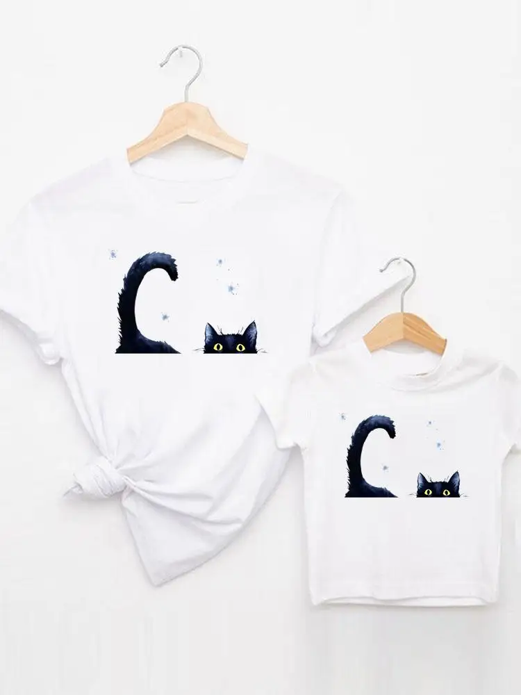 

Tee Family Matching Outfits Summer Women Kid Child Mom Mama Mother Cat Watercolor New Tshirt Clothes O-neck Graphic T-shirt