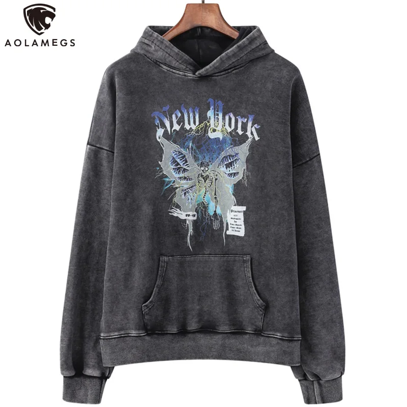 

Aolamegs Hoodie Hip Hop Men's Retro Tops Letter Skull Butterfly Print Pullover Autumn Casual Oversized Unisex Fashion Streetwear