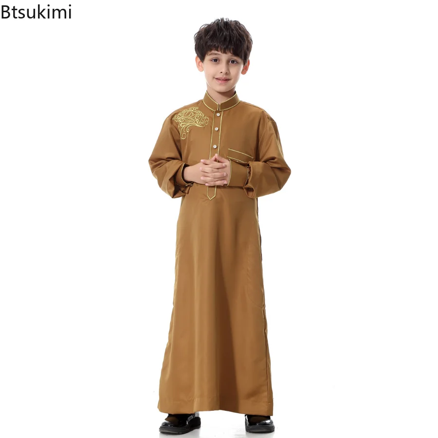 2023 Muslim Boys Kids Children Teens Saudi Robe Jubba Thobe Arab Dress Islamic Clothing Abaya Ramadan Middle East Prayer Wear