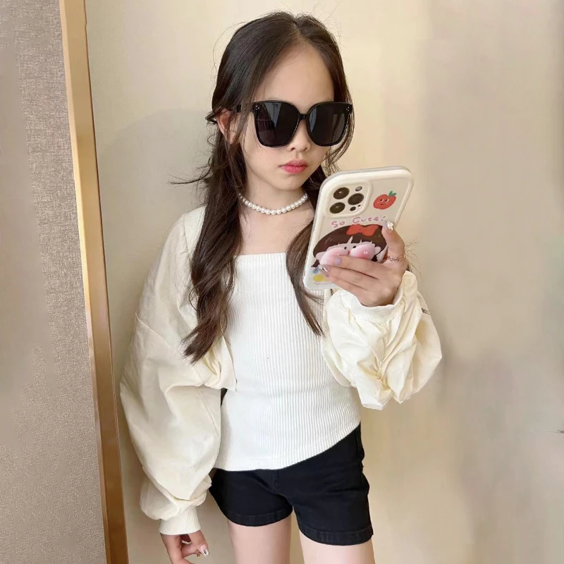 

Summer Girls 2 Pcs Set Baby Strap Vest + Cardigan Kids Set Children Clothes Teenage Suit Fashion Rib Knit Puff Sleeve 5-13Y