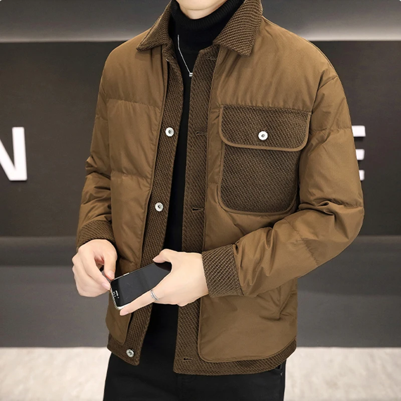 Повседневные мужские однобортные куртки на белом утином пуху зима 2024 Молодежные