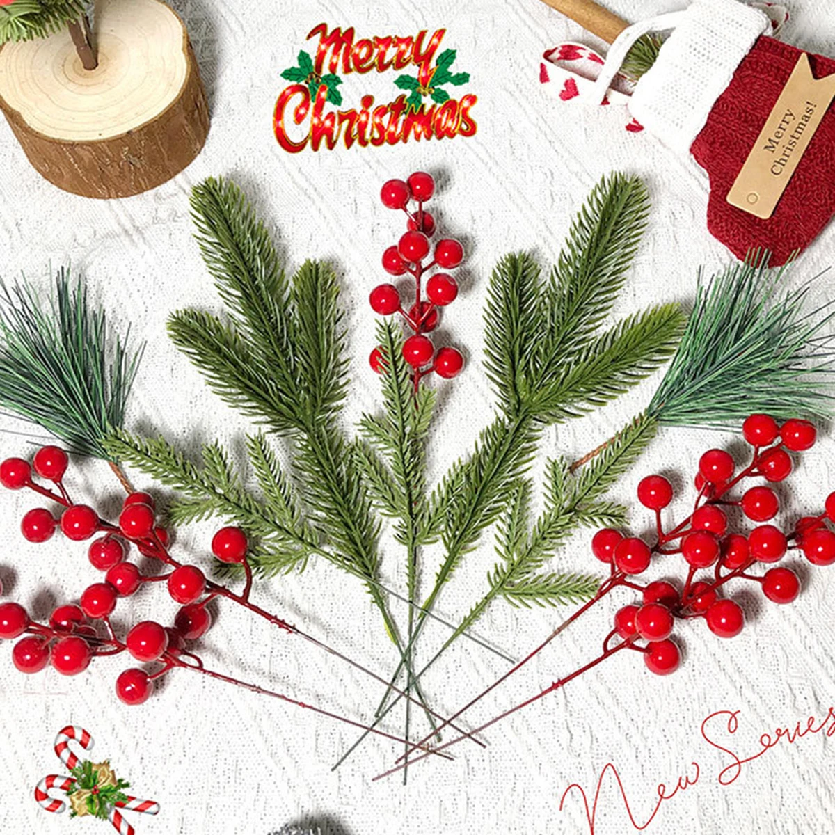 Декоративные сосновые ветки реалистичные стебли красных ягод искусственные
