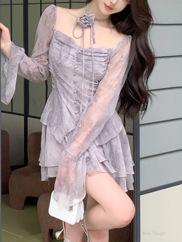

Summer Floral Print Fairy Dress Women Korean Style Elegant Party Mini Dress Female Ruffle Flounce Vintage Designer Dress 2023