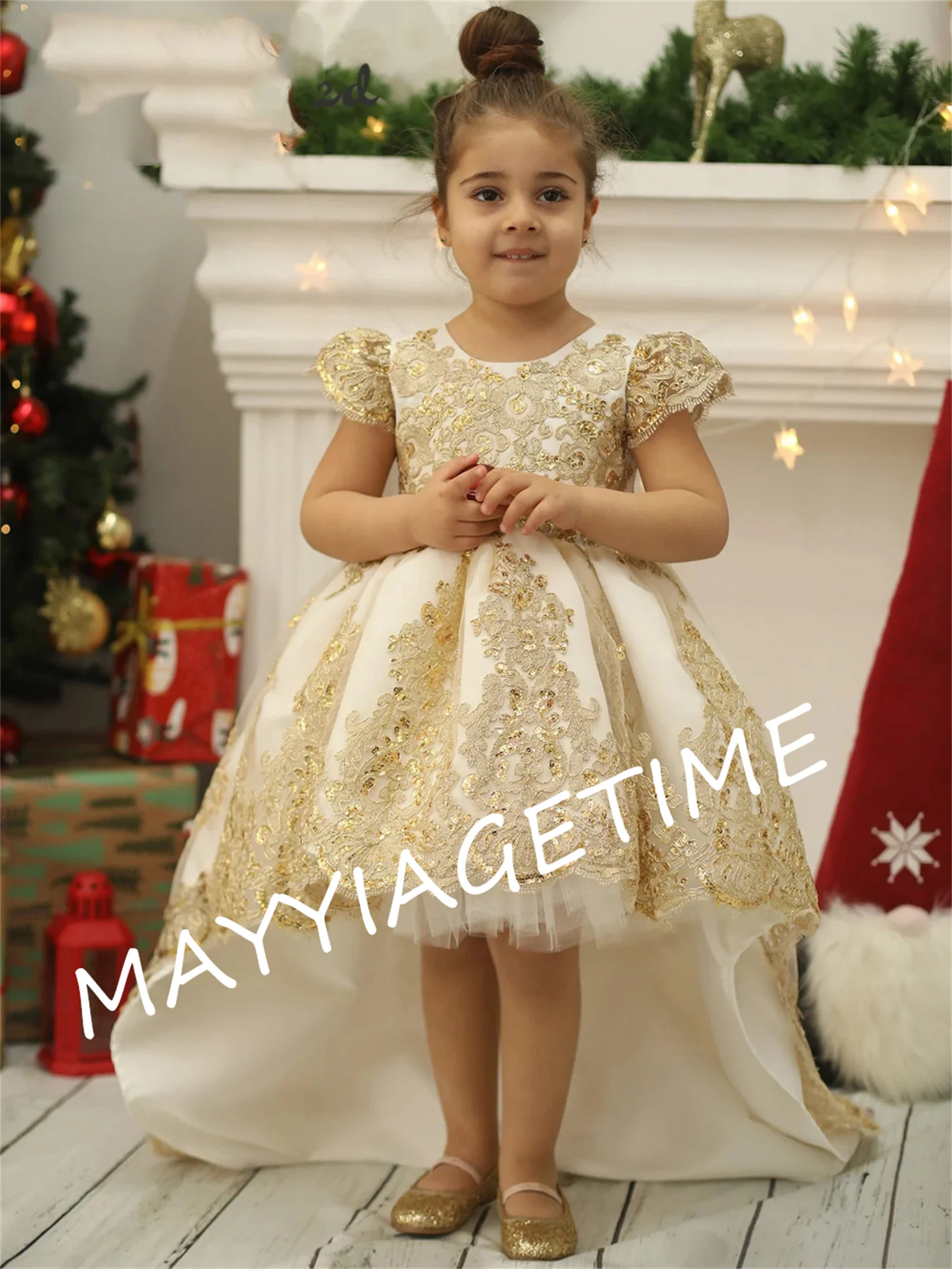 

Golden Flower Girl Dress Tulle Baby Girl Party Gown Fairy Kids Dance Dress Puffy High Low Dress