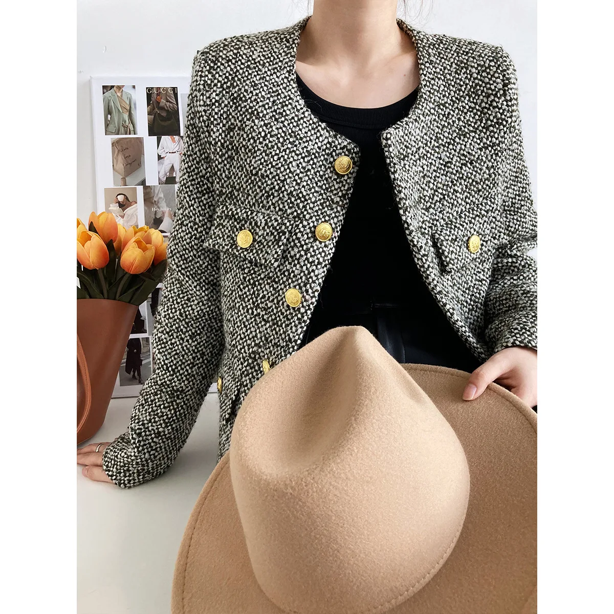

Wool Tweed Small Fragrance Coat Women 2022 Korean Fashion Short Style Celebrity Style Top
