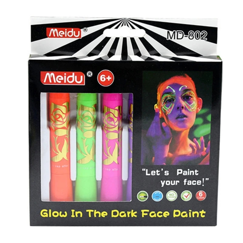 

6pcs Glow in Dark Face Paint Crayons UV Black Light Makeup Neon Face and Body Paint Marker for Halloween Masquerades