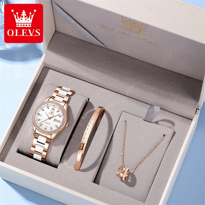 OLEVS Famous Luxury Brand Mechanical Watches Set Automatic Self-Wind Women's Wristwatches Ceramic Stainless Steel Female Clock enlarge