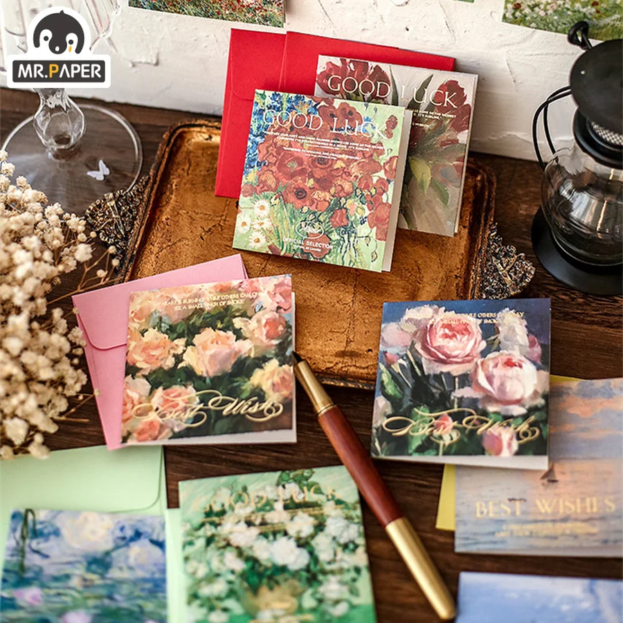 

Mr.paper 4 Styles 8pcs/bag Vintage Flower Card Stocks Paper Literary Aesthetic Landscape Decoration Message Gift Greeting Card