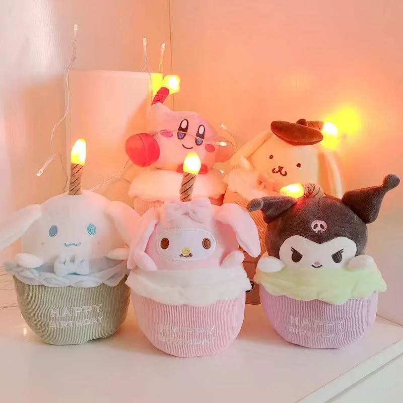 

Kawaii Sanrio Birthday Cake Shape Plush Dolls Kuromi Cinnamoroll Dog Toy Kirby Melody Glowing Singing Stuffed Toy Birthday Gift