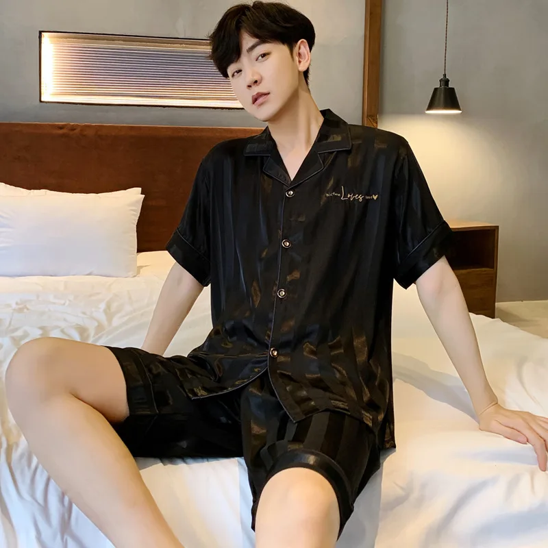 Pajamas for Men Summer V-neck Short-sleeved Pijama Simple Casual Home Wear Plus Size Sleepwear Two-piece Ice Silk Man Pajama