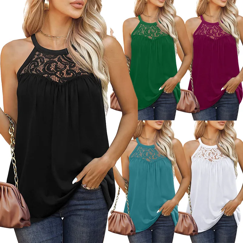 

Cross-border 2023 New European and American Foreign Trade Women's Wish Explosive Lace Pleated Sleeveless Vest T-shirt Female