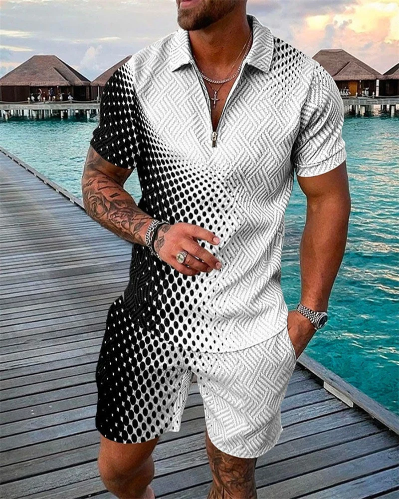 Summer Men's Luxury Short Sleeved Polo Shirt 2-Piece Gold Patterned Top Street Business Slim Down Tracksuit Set