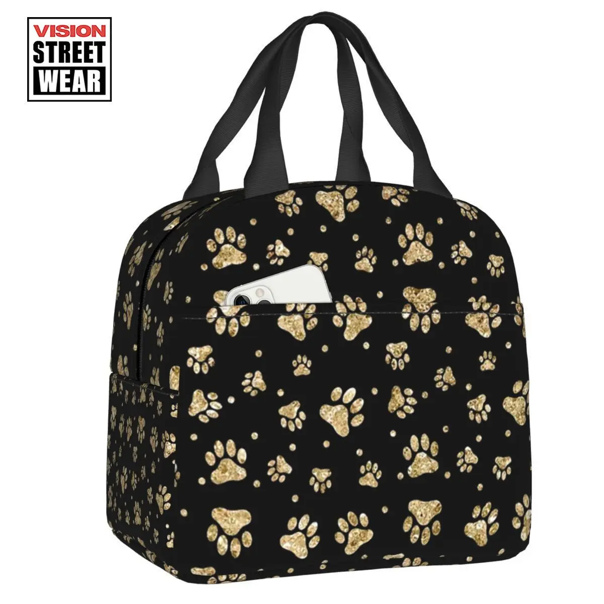 

Glitter Gold Dog Paw Insulated Lunch Bag For Outdoor Picnic Animal Lover Waterproof Cooler Thermal Lunch Box Women Kids