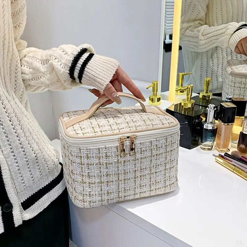 

Квадратная косметичка в клетку с узором, косметичка на молнии, косметичка, органайзер для косметики, универсальная дорожная сумка для туалетных принадлежностей