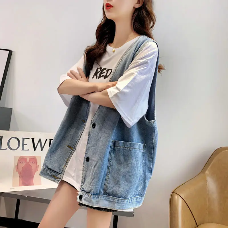 

2022 spring and autumn new denim vest women's korean style retro loose waistcoat graceful ol casual daily vest jacket q327