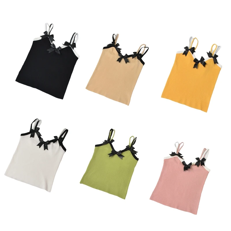 

573B Women Double Spaghetti Strap Knit Camisole Bowknot Colorblock Slim Crop Tank Top