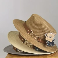 wide brimmed boater hat for women sun hat gold chain pu leather straw beach hats ladies summer hat flat kuntucky derby chuch hat