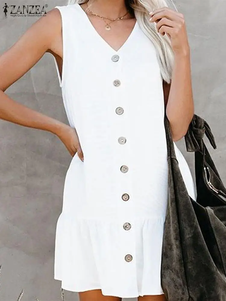 

Женское платье с v-образным вырезом без рукавов, однотонное платье с оборками, летнее платье в богемном стиле, модное пляжное платье с оборка...