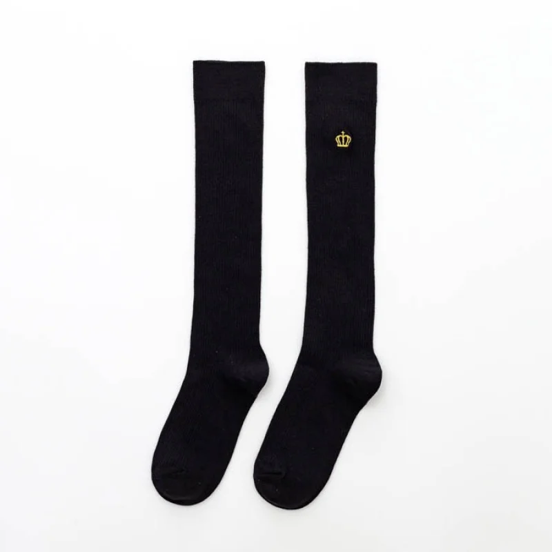 Long Tube Knee Length Socks Japanese Thigh High Socks Cotton JK Calf Socks Crown Embroidery Tube Socks Vintage Students' Socks L
