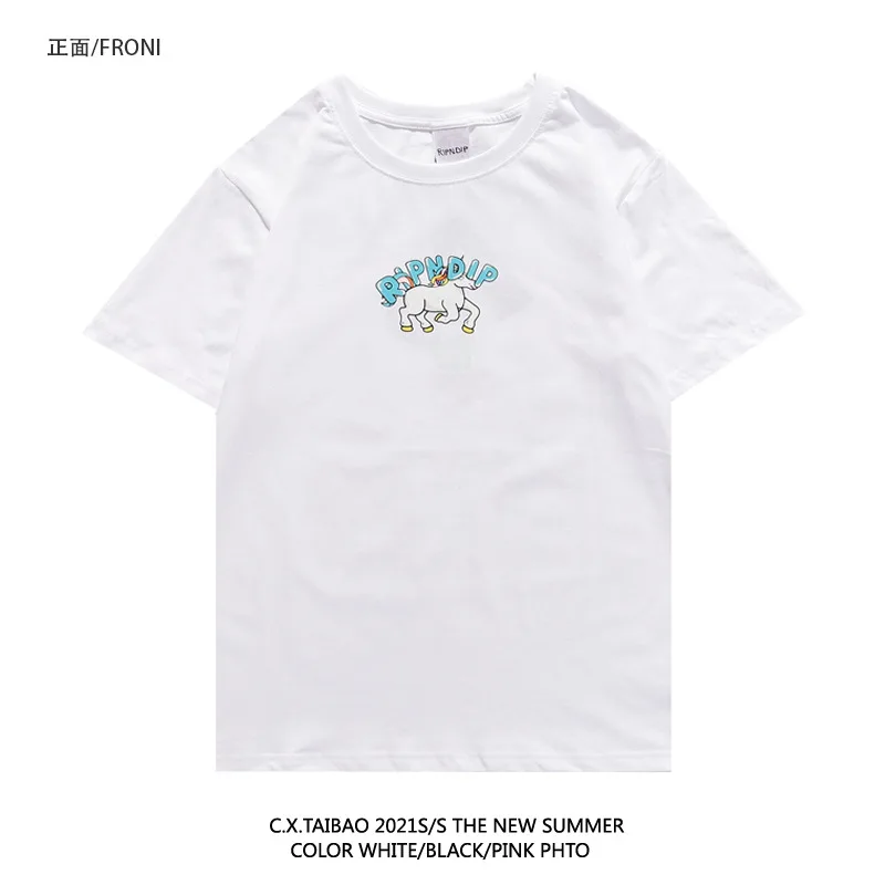 

Couples Cotton Short-sleeved T-shirt Europe American Tide Brand Tshirts Summer Cartoon Print Rainbow Cat Pegasus Tee Shirts