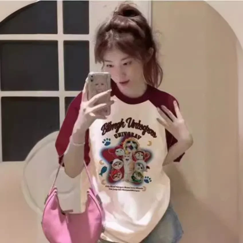 Женская хлопковая Футболка с принтом спереди коротким рукавом и круглым вырезом