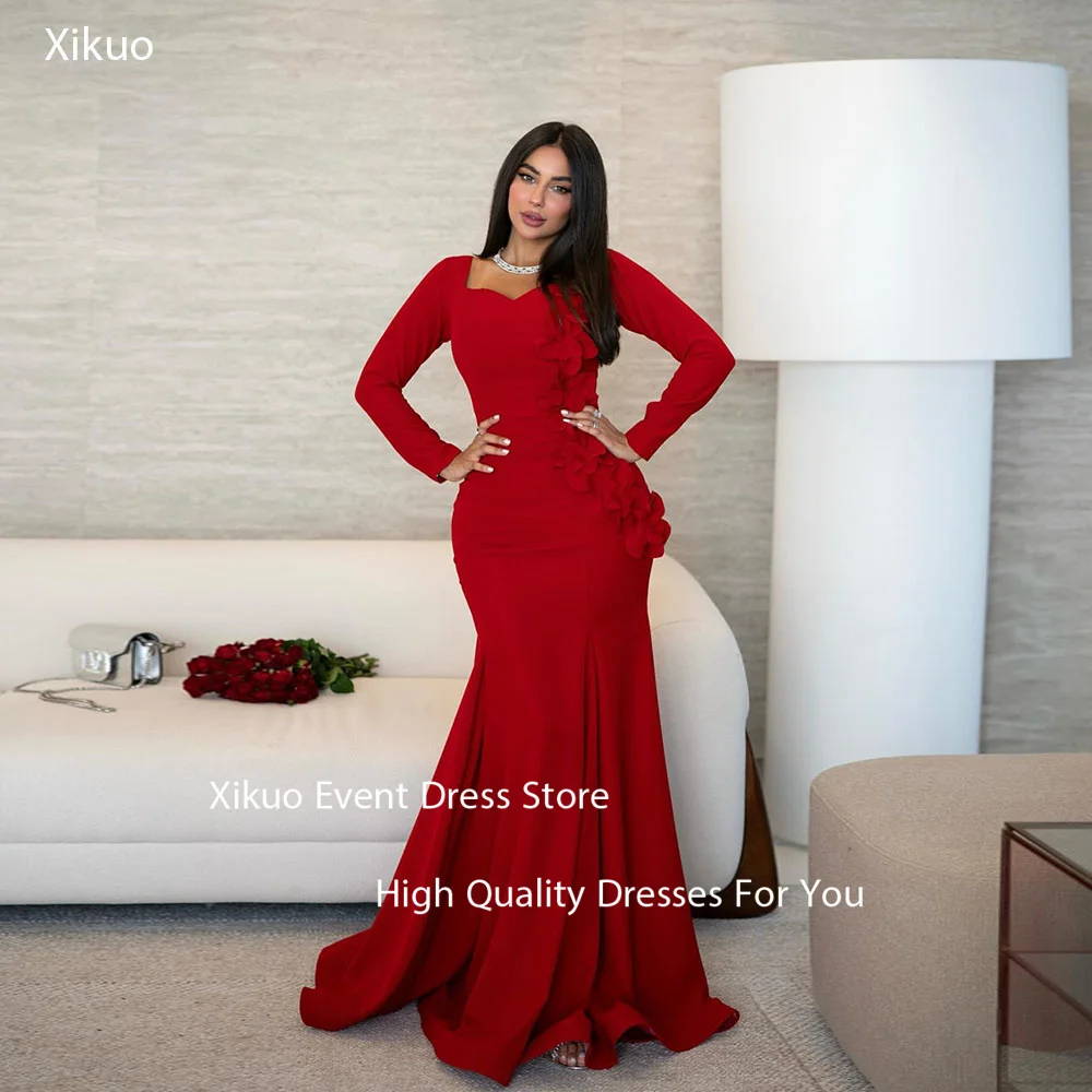 Фото Xikuo Яркие красные атласные вечерние платья Русалка с 3D цветочным принтом Robes De Soirée Летнее плиссированное женское длинное вечернее платье по индивидуальному заказу №1
