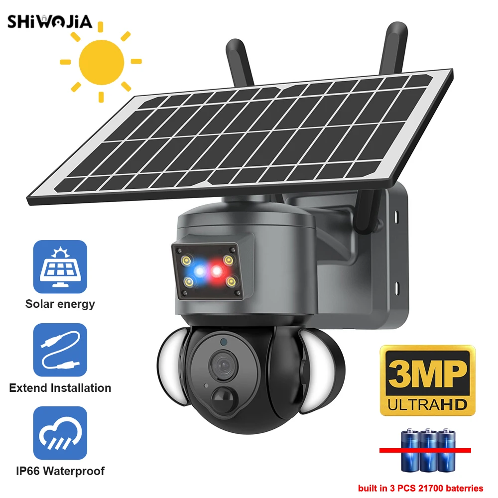 

Shiвоенia 3MP наружная Солнечная камера WIFI/4G Sim-карта солнечная панель камера безопасности пассивный инфракрасный датчик движения PTZ видеокамера прожектор Smart Life