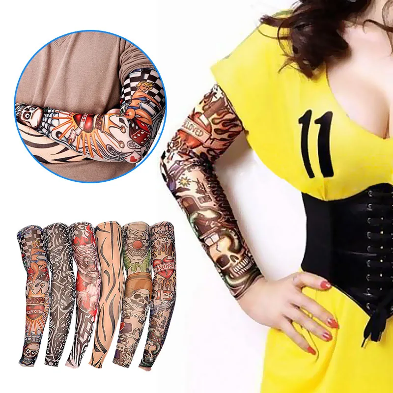 6pcs Summer Outdoor Cycling New Nylon Elastic Fake Temporary Tattoo Sleeve Designs Body Arm Stockings Tatoo for Cool Men Women