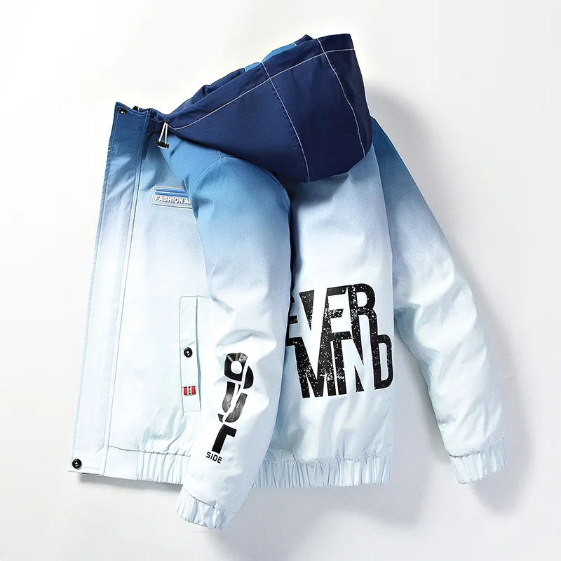 

Autumn Winter New Cotton Jacket Male Hooded Cotton Clip Thickened Korean Popular Logo Gradient Fashion Youth Jacket Men