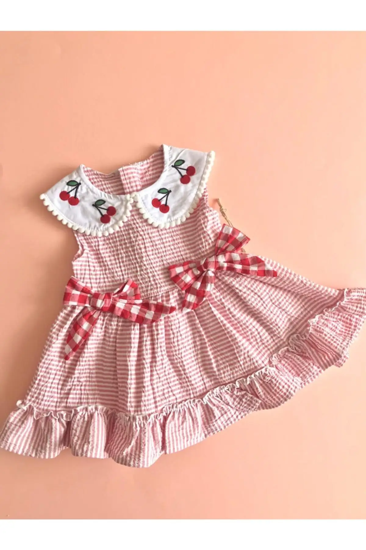 

Baby girl Red Colar Cherry Dress Zipper Plaid/Plaids Sleeveless Round Collar