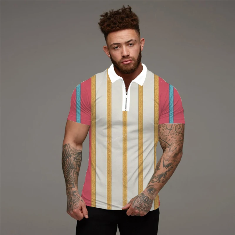 

American Retro Street 2022 Summer New Personality Tops 3D Digital Printing Trend Men's Fashion Casual Lapel Zipper POLO Shirt