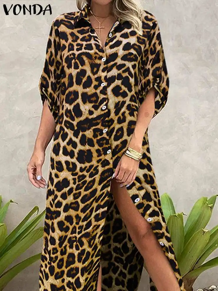 

VONDA Vintage Shirt Dress 2022 Women Fashion Leopard Printed Casual Lapel Collar Maxi Sundress Female Long Sleeve Robe Vestido