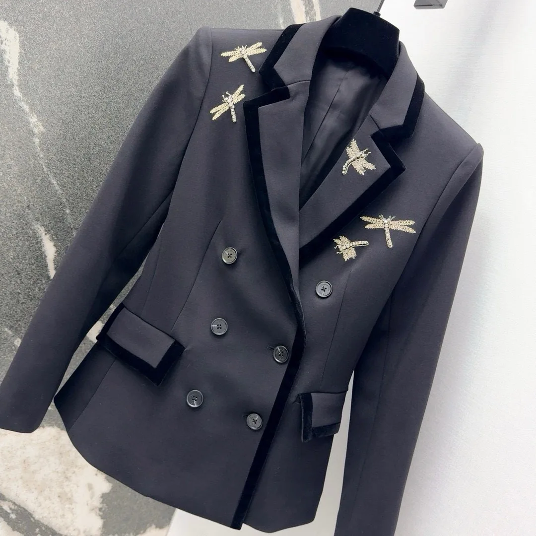Женский новый роскошный однотонный черный блейзер с вышивкой двубортный пиджак