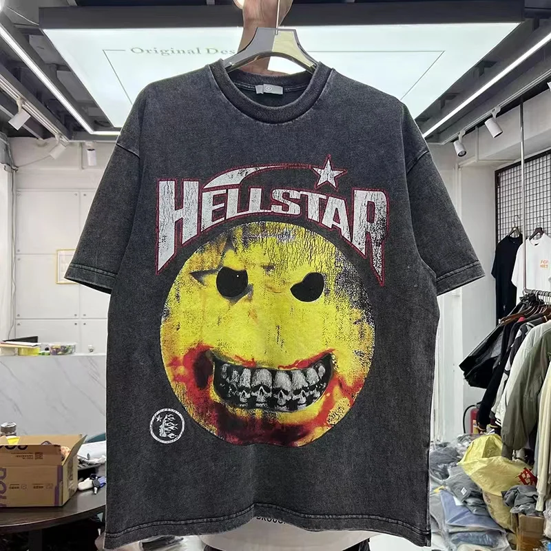

Summer Oversize Wash Do Old Evil Make Face Print Men Women Tops Loose Hip Hop Short Sleeve Hellstar Tshirt