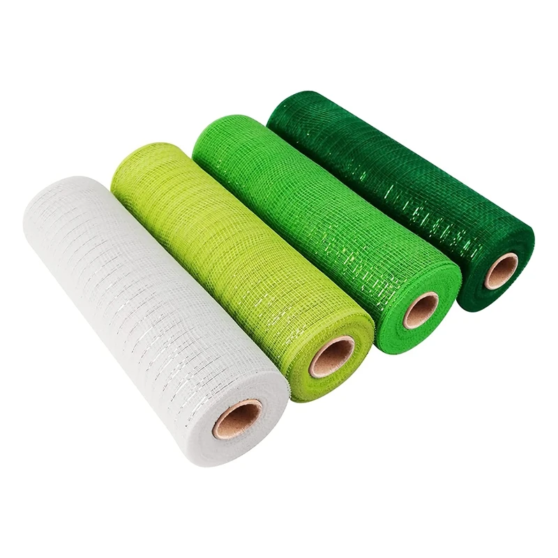 

4 Roll Flower Packing Gauze Green White Wired Edge Ribbon 10 Inch X 30 Feet Poly Deco Mesh Ribbon