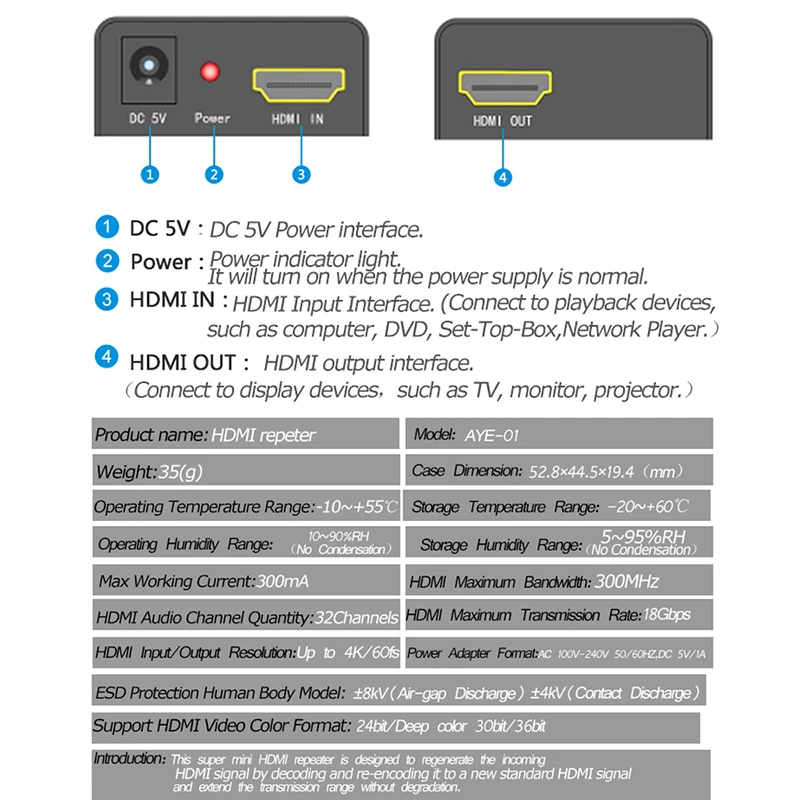 Фото Мини 4K * 2K HDMI-совместимый повторитель 2,0-удлинитель 40 м 3D 18 Гбит/с HDMI 2,0 усилитель сигнала адаптер для PS4 HDTV ПК монитор №2