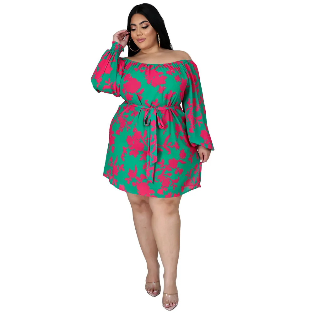 Plus Size Dresses for Women Clothing Sexy Loose Print Long Sleeve One Word Collar Mini Dress Whole 3xl 4xl 5xl 6xl
